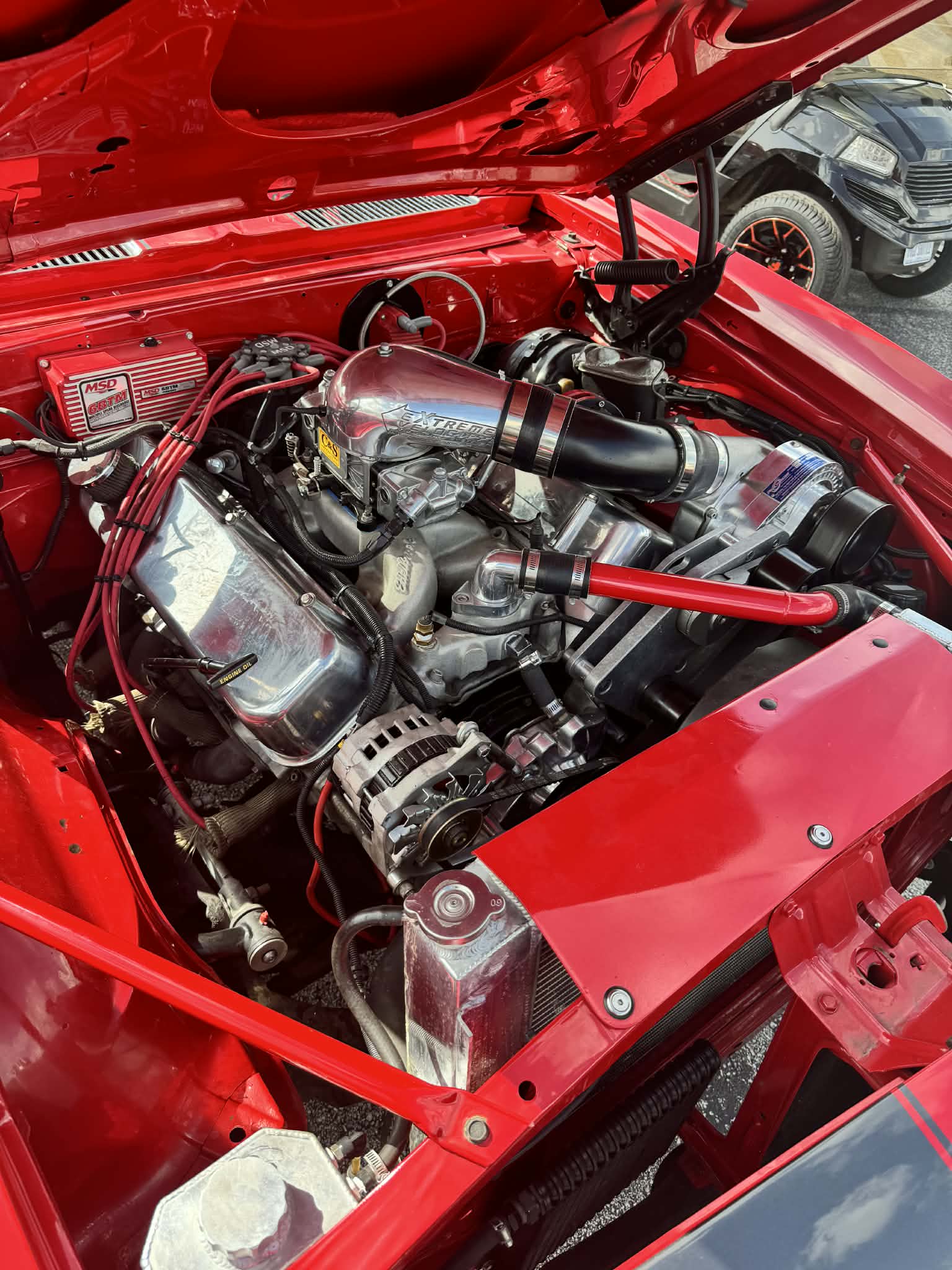 Classic red car engine bay